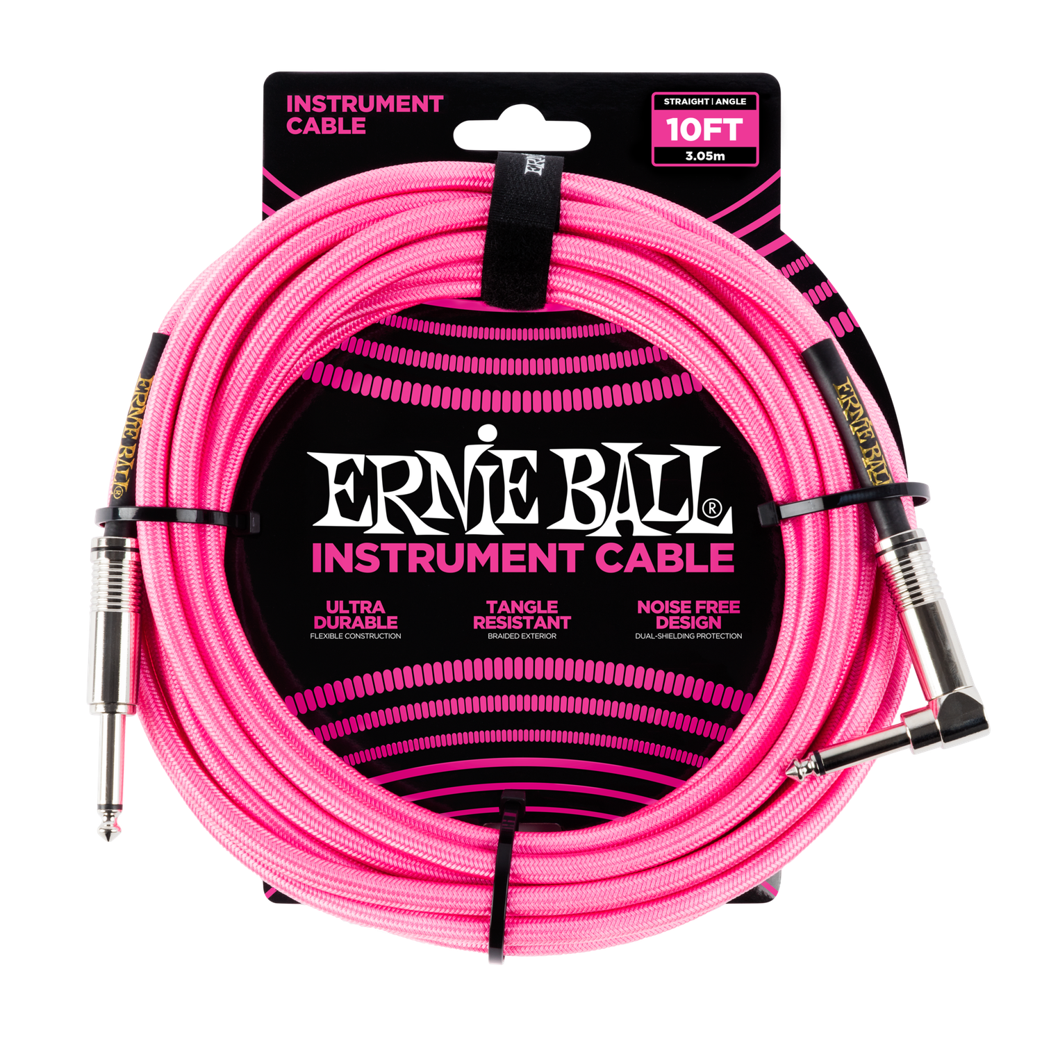 Ernie Ball 10&#39; Braided Straight / Angle Instrument Cable - Neon Pink