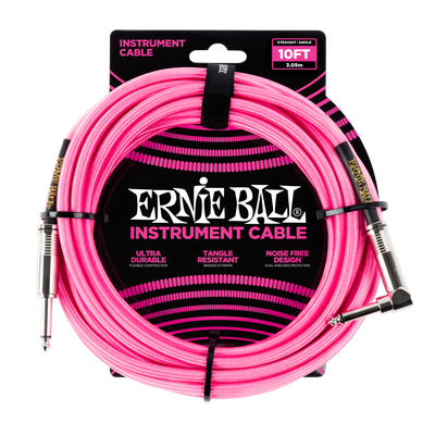 Ernie Ball 10&#39; Braided Straight / Angle Instrument Cable - Neon Pink
