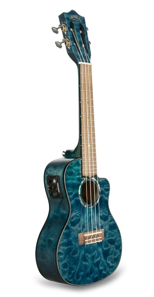 Lanikai Quilted Maple Cutaway Electric Concert Ukulele in Trans Blue w/Case