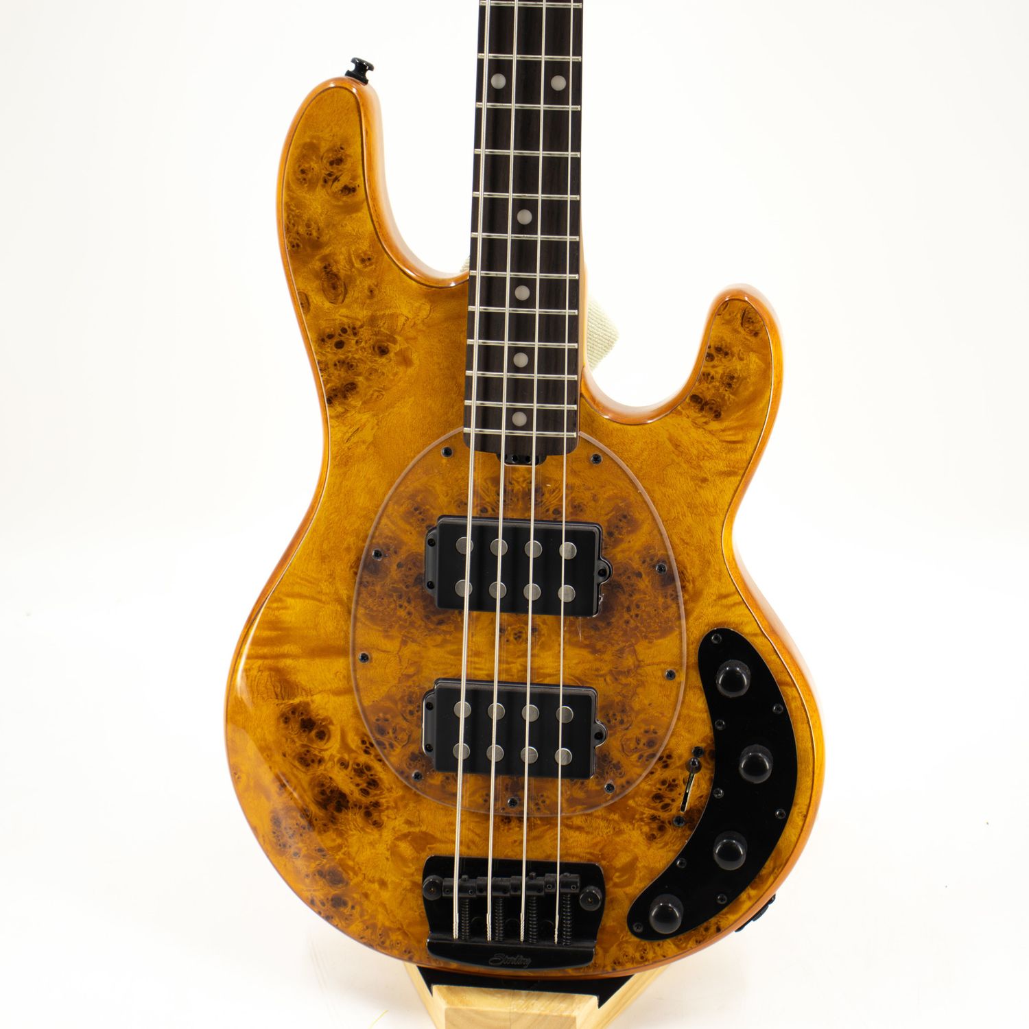 Sterling by Music Man StingRay HH RAY34HH Poplar Burl in Amber w/Gig Bag