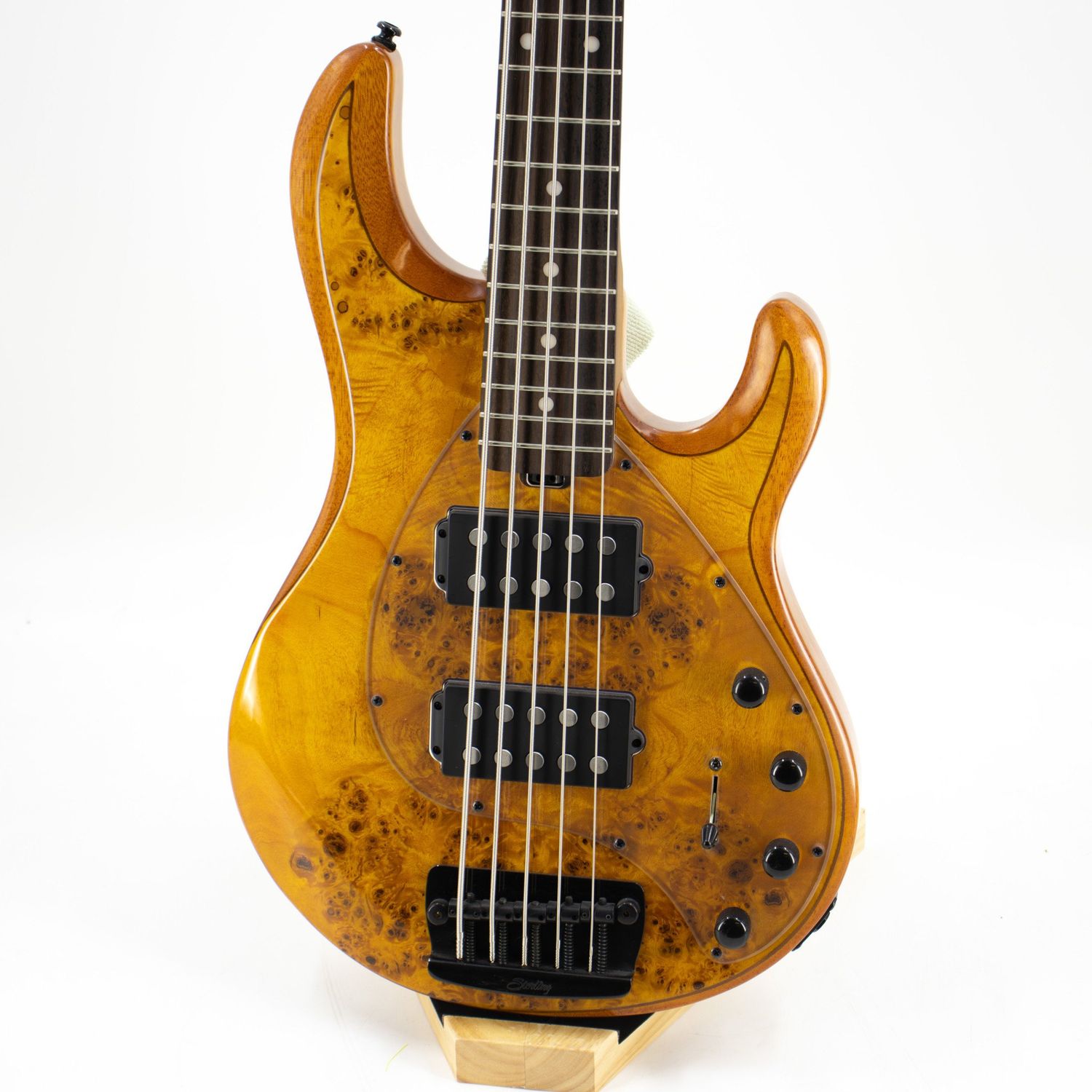 Sterling by Music Man StingRay 5 HH RAY35HH Poplar Burl in Amber w/Gig Bag