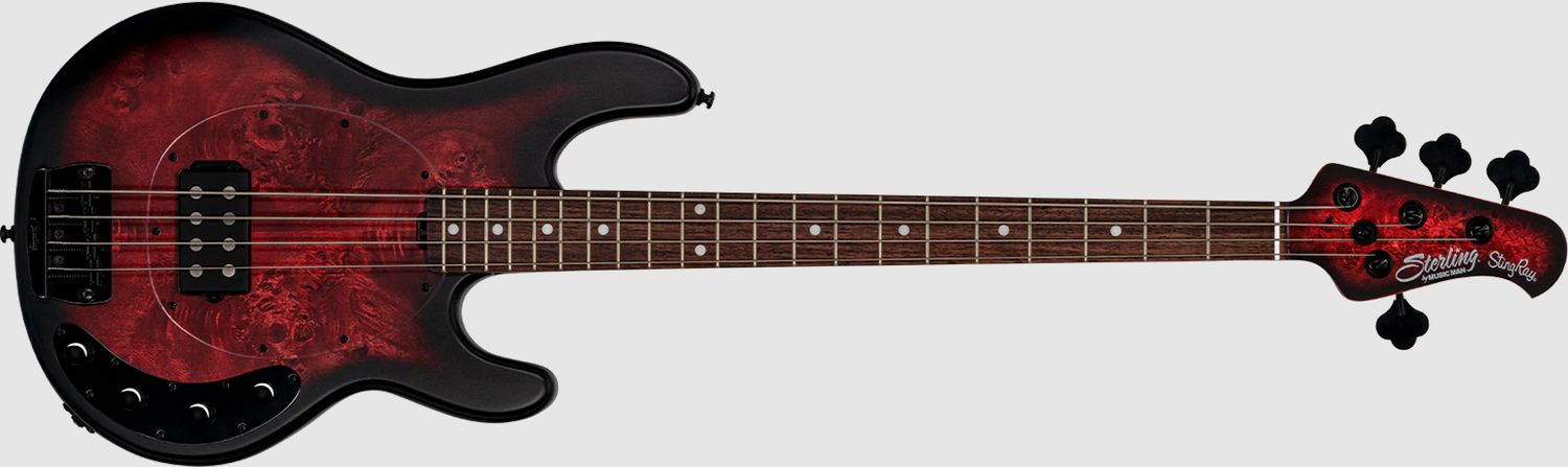 Sterling by Music Man StingRay RAY34 Poplar Burl in Dark Scarlet Burst Satin w/Gig Bag