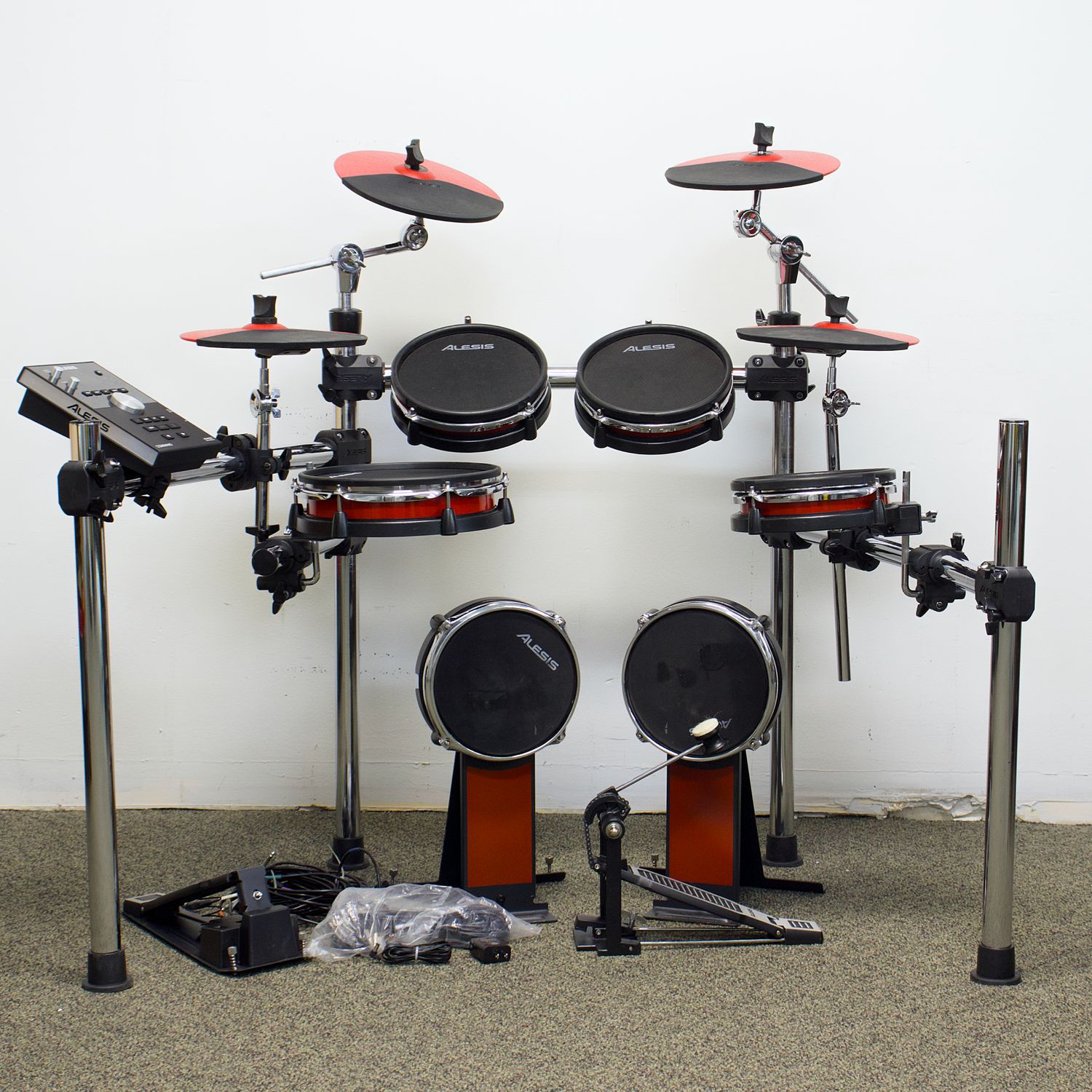Used Alesis Command X Red Mesh Electronic Drum Kit w/Spare Wiring Set &amp; 2nd Kick Pad