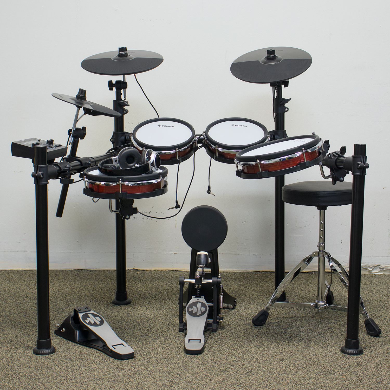 Used Donner DED-200MAX Red Electronic Drum Kit w/Throne Headphones Cables Pedals