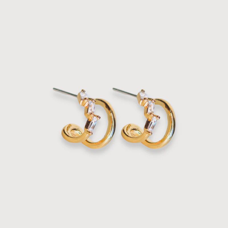 Gold Rhinestone Double Huggie C-Hoop Earrings