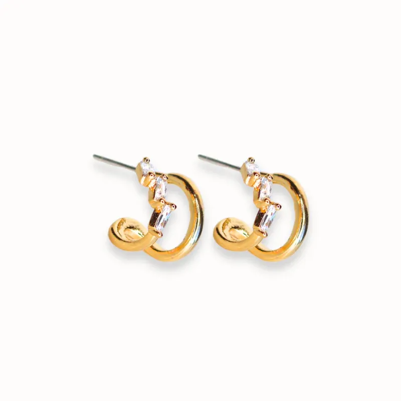 Gold Rhinestone Double Huggie C-Hoop Earrings
