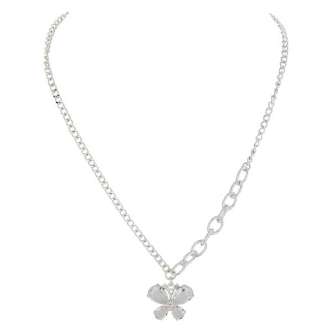 Mixed Chain Glass Butterfly Pendant Short Necklace, Colour: Silver