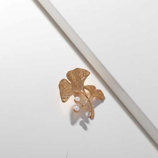Gold Flower Brooch with White Glass Pearls