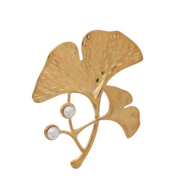 Gold Flower Brooch with White Glass Pearls