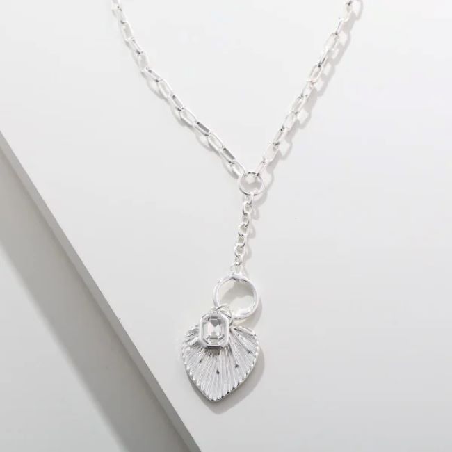 Short Silver Heart Lariat Pendant Necklace with Crystal