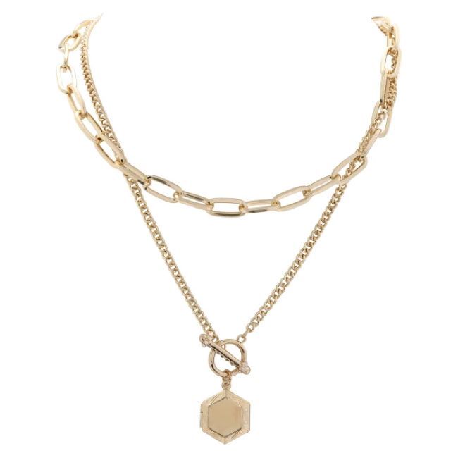 Short Gold Layered Necklace with Locket Pendant