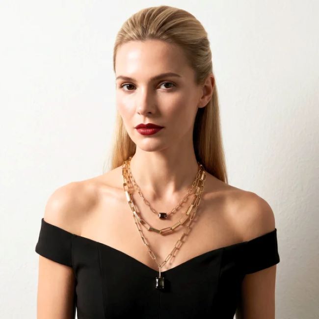 Short Gold Layered Necklace with Gradient Faceted Glass Cut Pendants