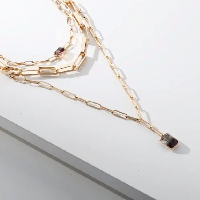 Short Gold Layered Necklace with Gradient Faceted Glass Cut Pendants