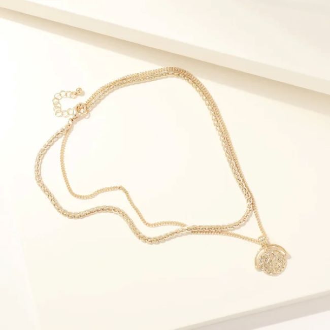 Short Layered Mixed Chain Necklace with Hammered Pendant