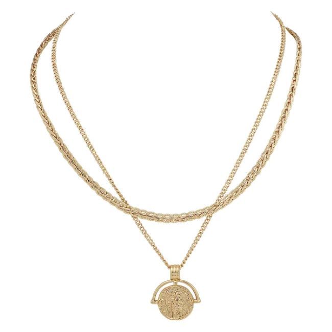 Short Layered Mixed Chain Necklace with Hammered Pendant