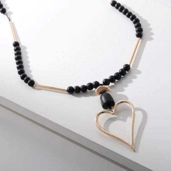 Long Adjustable Leather Necklace with Matte Gold Heart Pendant