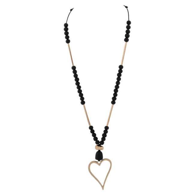 Long Adjustable Leather Necklace with Matte Gold Heart Pendant