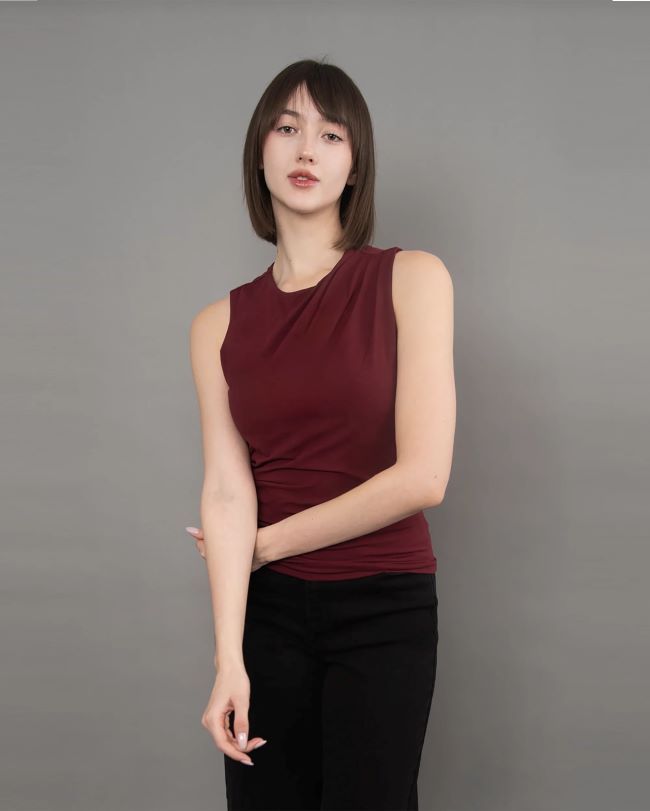 Ruri Cotton Ruched Second Skin Top, Colour: Deep Burgundy, Size: XSmall