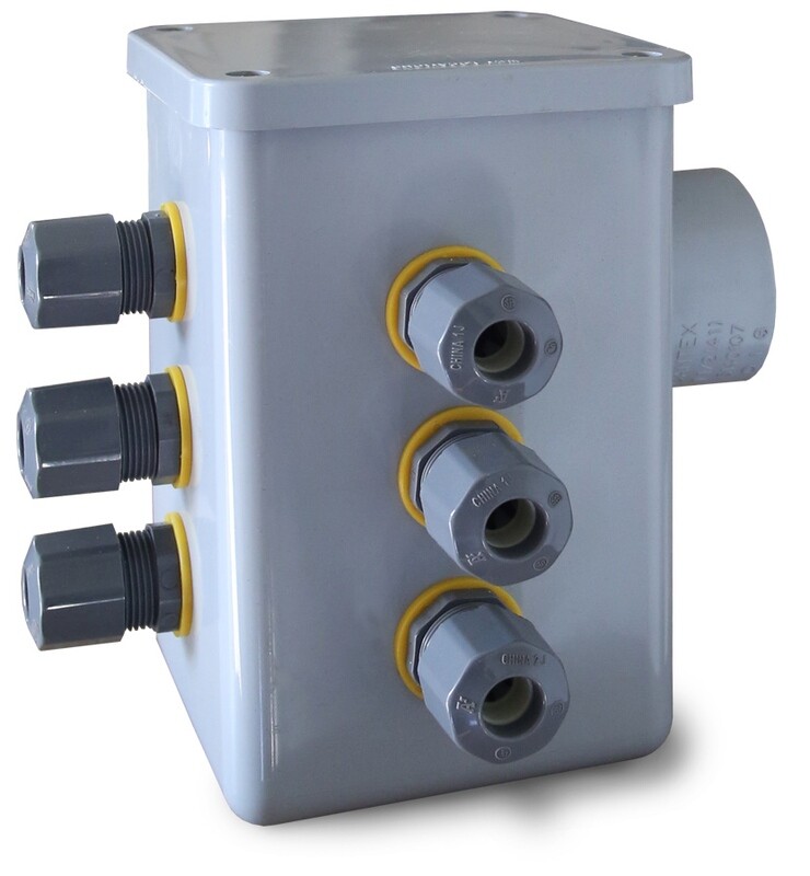 Anua Junction Box With 4 Cord Grips, 1-1/4&quot; Hub &amp; Grommet, 3 Cord Grips on Side and 1 on Front