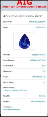 Saphir Bleu - 1,08 CT