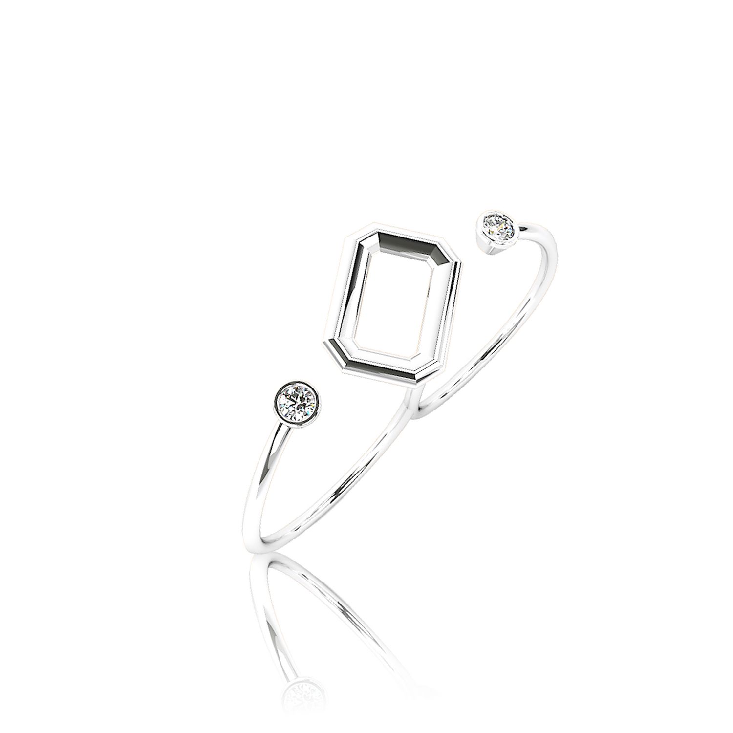 Bague ouverte de couleur argent avec une monture centrale vide de forme octogonale et deux petits diamants aux extrémités