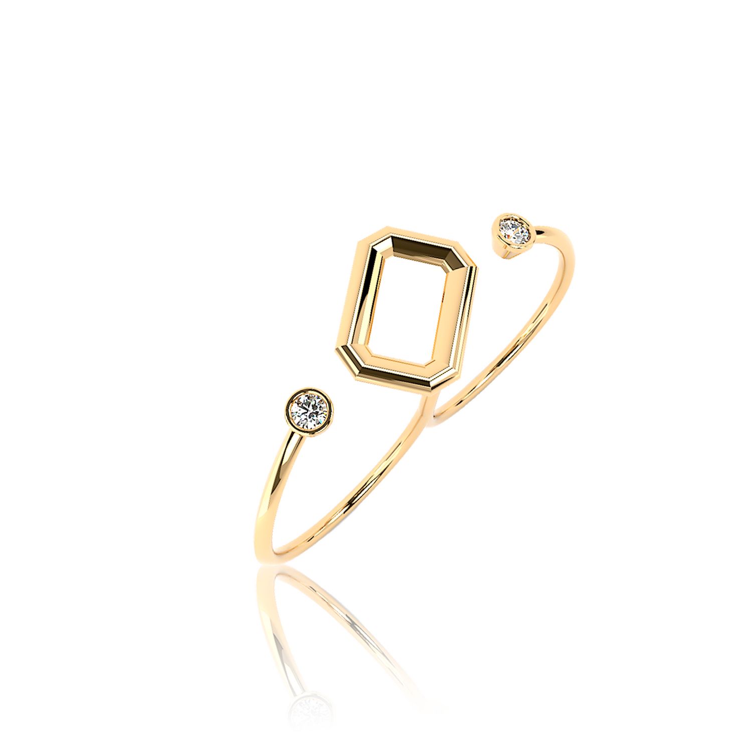 Bague ouverte en or jaune avec une monture centrale vide de forme octogonale et deux petits diamants aux extrémités