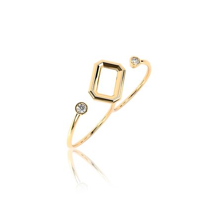Bague ouverte en or jaune avec une monture centrale vide de forme octogonale et deux petits diamants aux extrémités