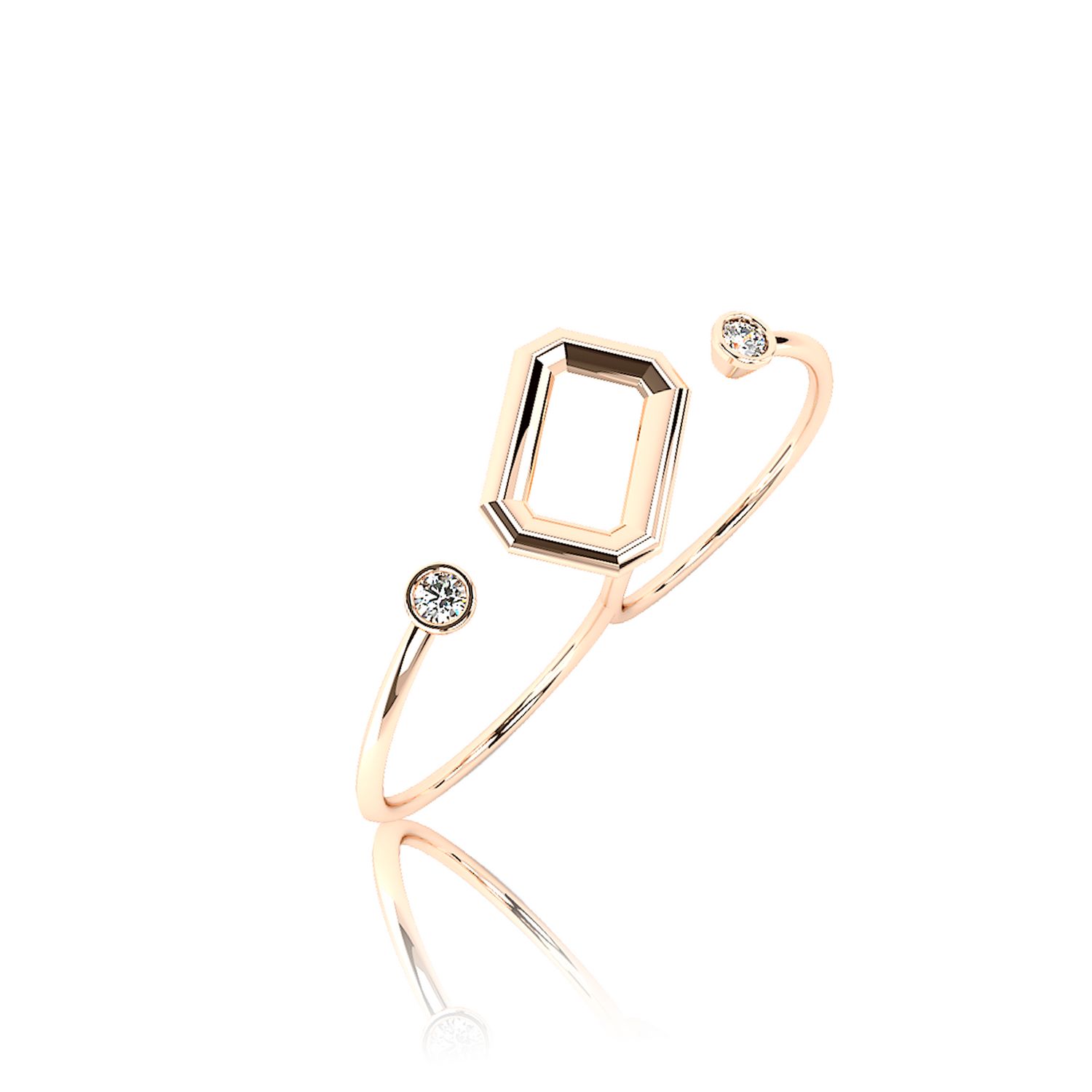 Bague ouverte de couleur or rose avec une monture centrale vide de forme octogonale et deux petits diamants aux extrémités