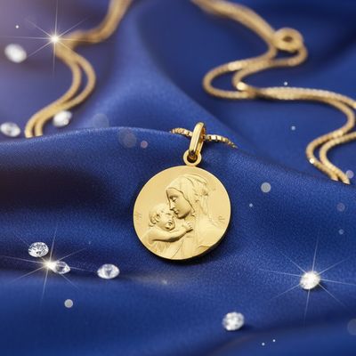 Médaille Vierge à l'Enfant - Or Jaune 18K - Ø18 mm