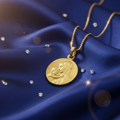 Médaille Vierge à l'Enfant - Or Jaune 18K - Ø20 mm
