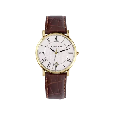 Montre "CLASSIQUE" – Quartz – PVD Or Jaune & Cuir Brun
