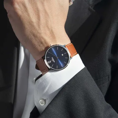 Montre "CITY" - Quartz – Bleu & Cuir Brun