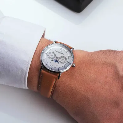 Montre "INSPIRATION" – Phase De Lune – Acier & Cuir Camel