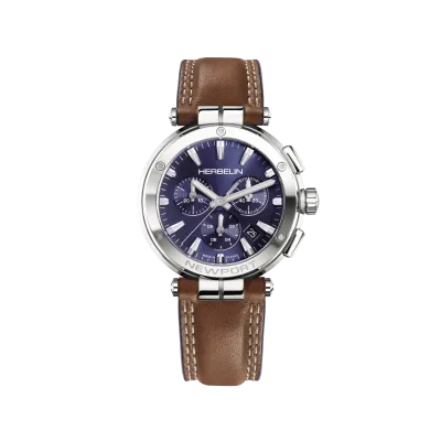 Montre "NEWPORT" - Chronophage -  Bleu & Cuir Brun