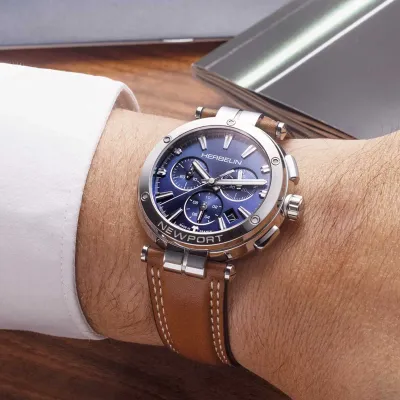 Montre "NEWPORT" - Chronophage -  Bleu & Cuir Brun