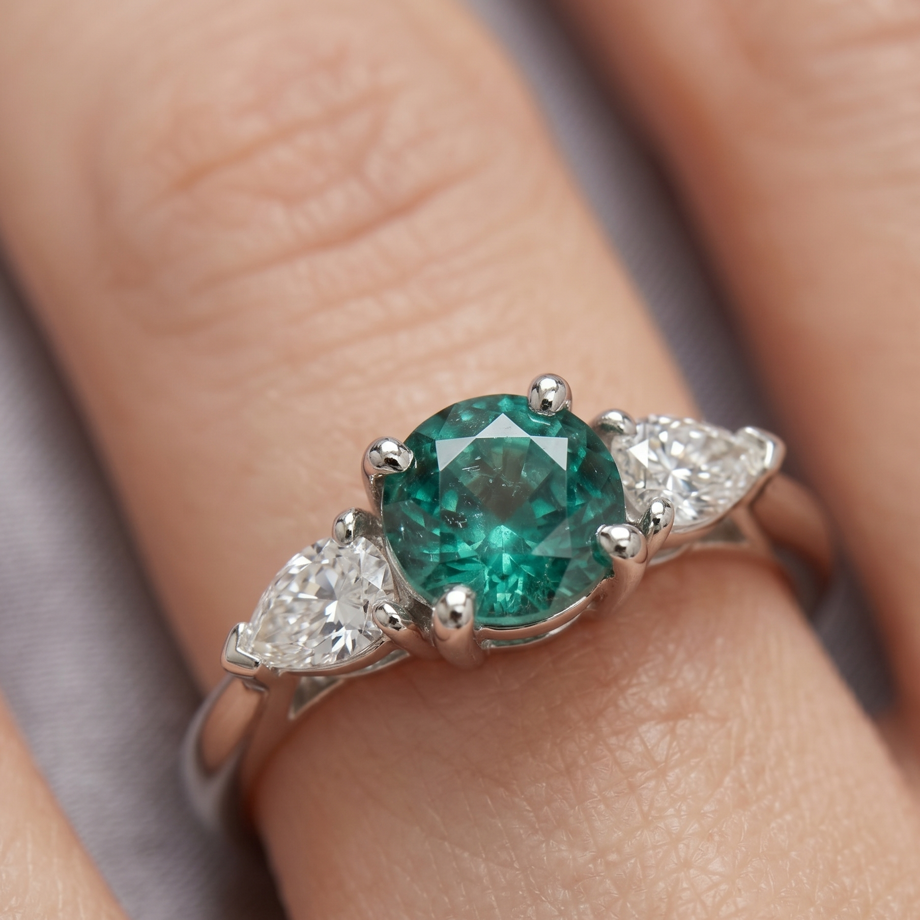 Bague Trilogie - Tourmaline Verte de Namibie & Diamants Poires