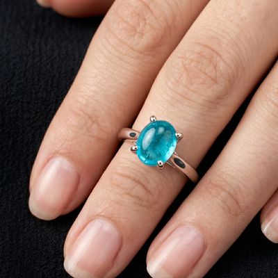 Bague - Tourmaline Bleu Cabochon Du Brésil
