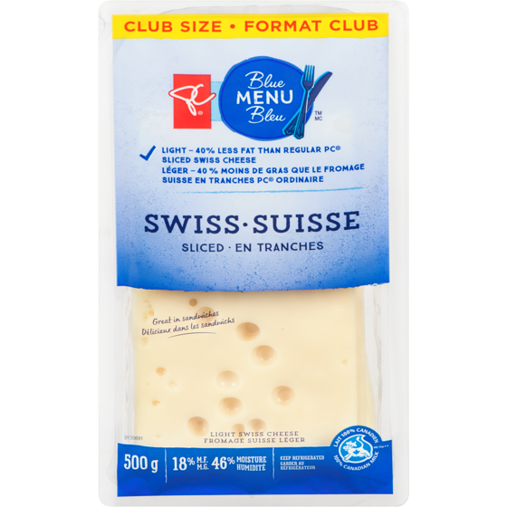 PC Blue Menu Light Swiss Cheese Sliced 18% M.F. Club Size