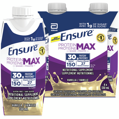 Ensure Protein Max 30 g Nutrition Shake Supplement, Vanilla Protein Drink with 30 g of High-Quality Protein, 1 g of Sugar, 330 mL (Pack of 4), 1320 mL