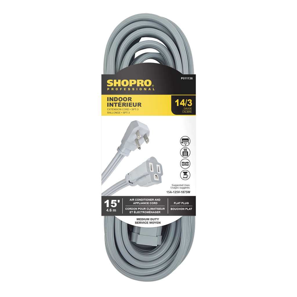 14/3 SPT-3 1-Outlet 15&#39; Air Cond/ Appliance Extension Cord Grey