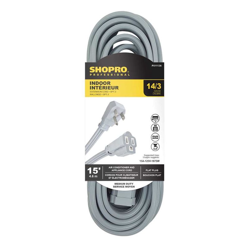 14/3 SPT-3 1-Outlet 15&#39; Air Cond/ Appliance Extension Cord Grey