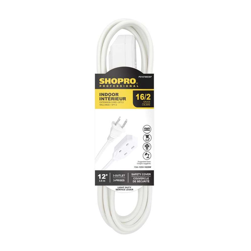 16/2 SPT-2 3-Outlet 12&#39; Indoor Extension Cord White