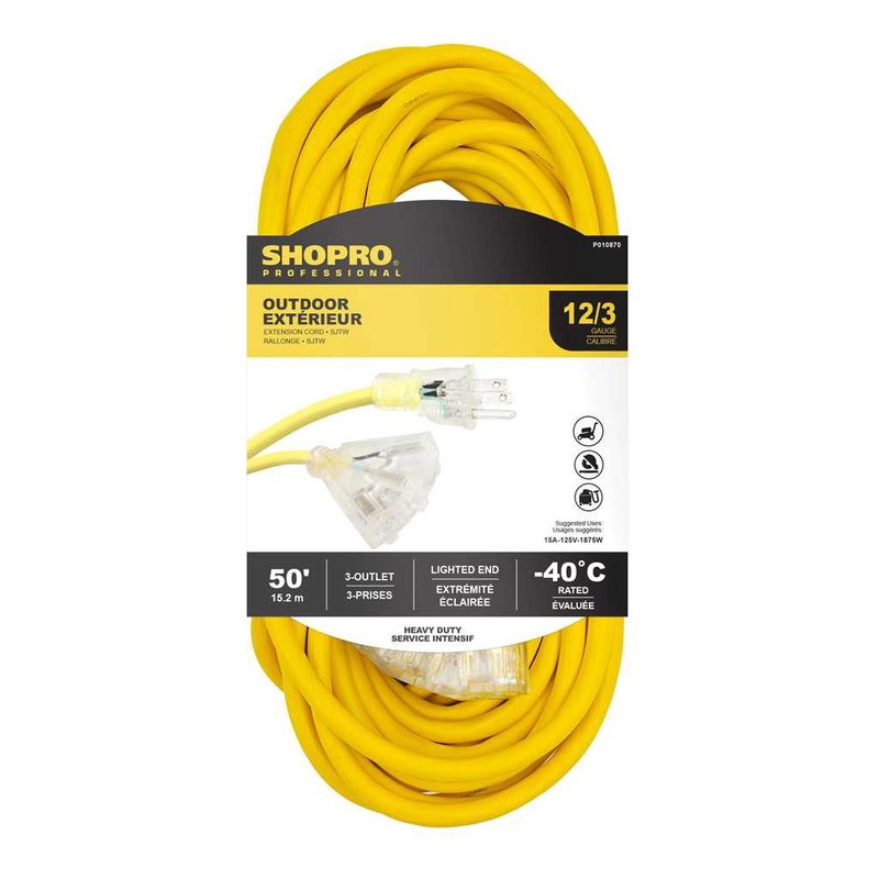 12/3 SJTW 3-Outlet 50&#39; Lit End Outdoor Extension Cord Yellow
