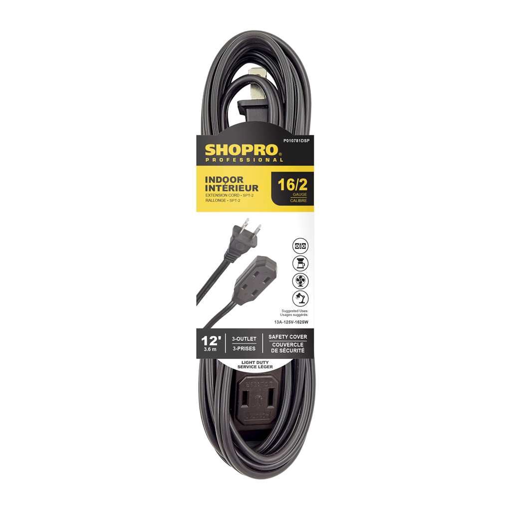 16/2 SPT-2 3-Outlet 12&#39; Indoor Extension Cord Brown