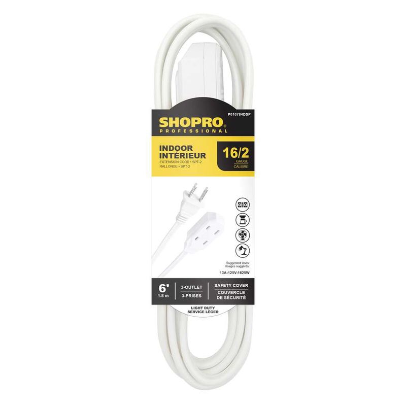 16/2 SPT-2 3-Outlet 6&#39; Indoor Extension Cord White