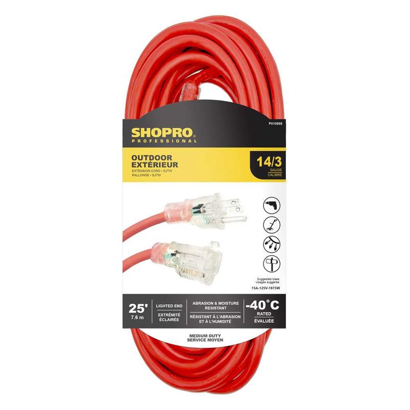14/3 SJTW 25&#39; Lit End Outdoor Extension Cord Red