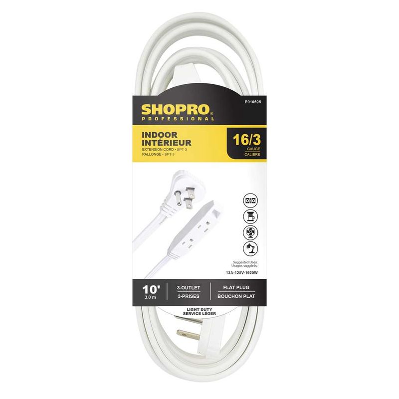 16/3 SPT-3 3-Outlet Flat Plug 10&#39; Indoor Extension Cord White