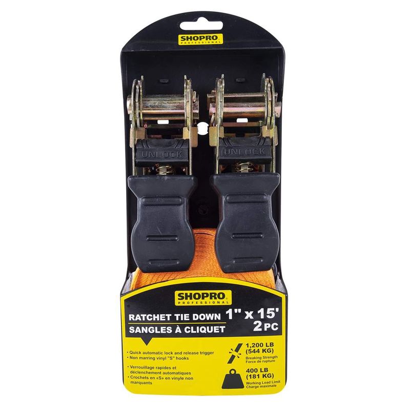 2 PC 1&quot; x 15&#39; Ratchet Tie Down - Orange