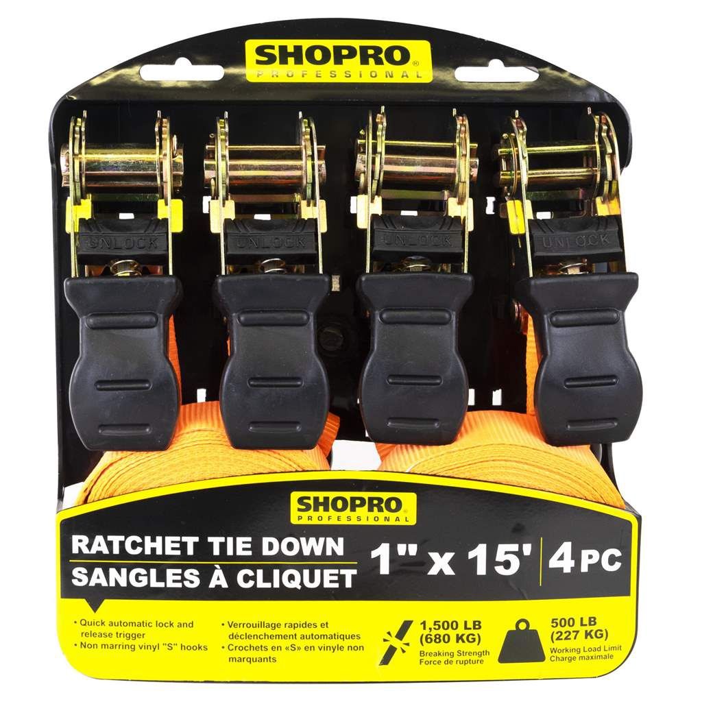 4 PC 1&quot;x15&#39; Ratchet Tie Down - Orange