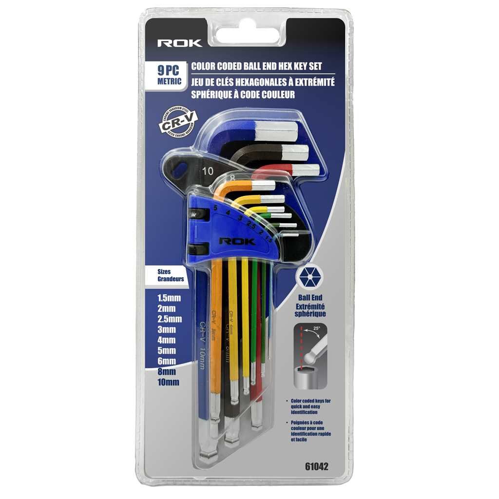 9 PC Metric Color Coded Long Ball End Hex Keys